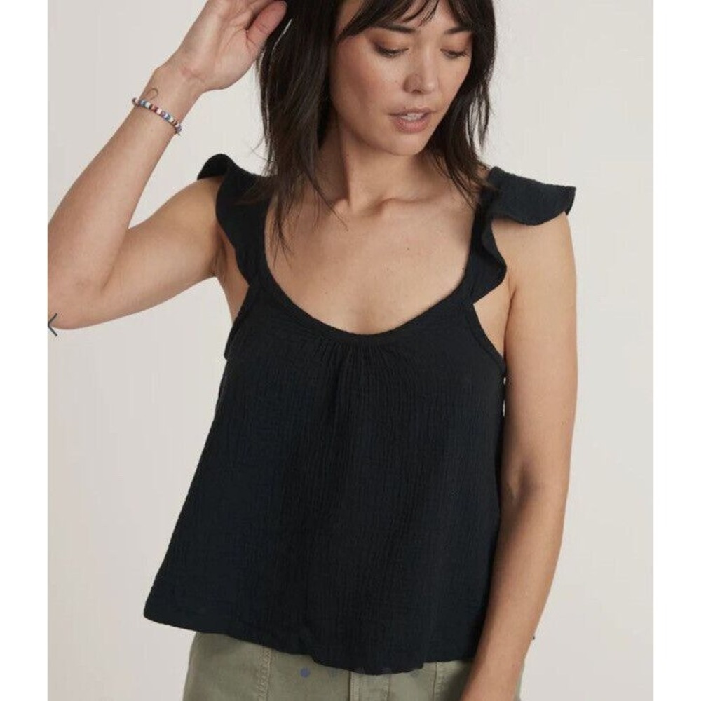 Marine Layer Tank Top Womens Medium Black Ruffle Sleeve Cotton Gauze Summer